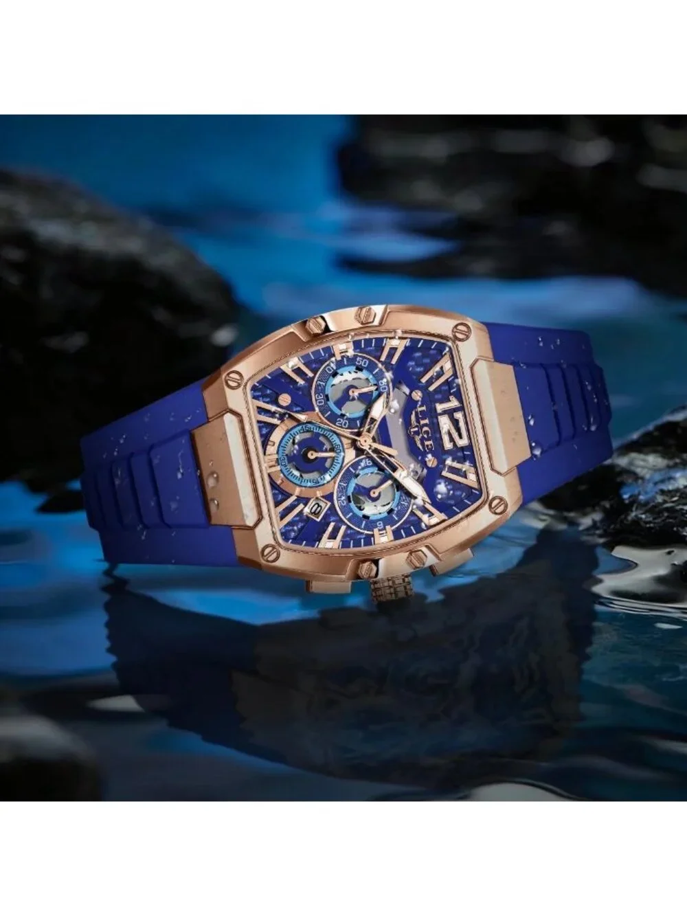 Men's Blue and Bright Copper Square Chronograph Stainless Steel Quartz Watch